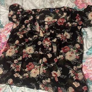 Chaps Black and Pink Ruffled Tie Front Blouse